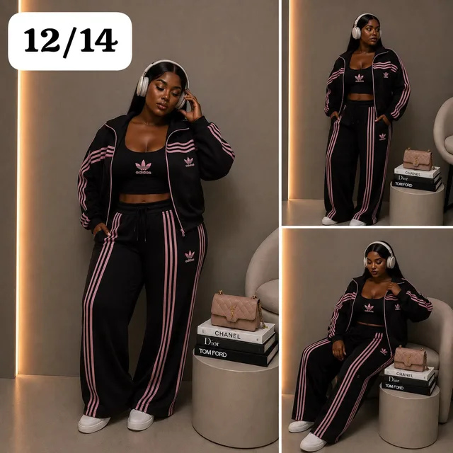Quality 3-piece Black Set Adidas with Pink Stripes Tracksuit