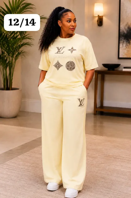 Two-Piece Wide-Leg Cream Lounge Set LV Tracksuit