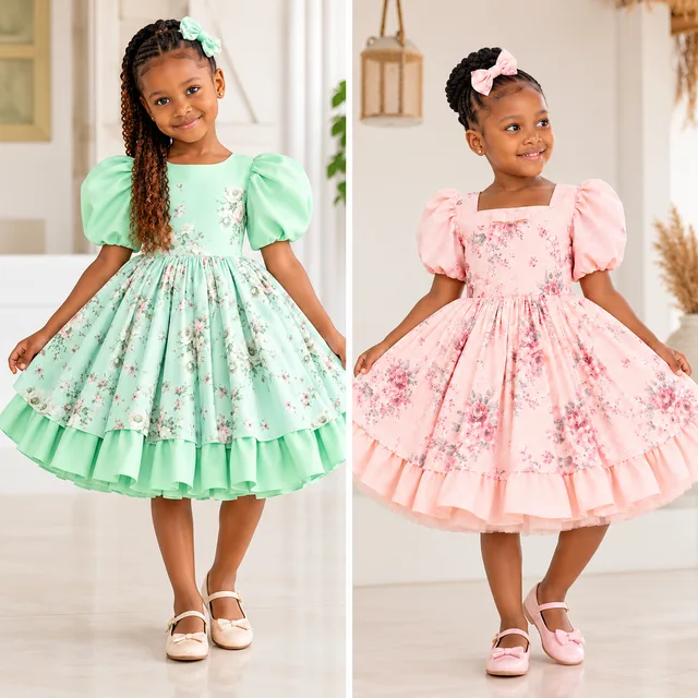 Girls’ Floral Princess Dress – Puff Sleeves & Tiered Skirt