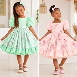 Girls’ Floral Princess Dress – Puff Sleeves & Tiered Skirt
