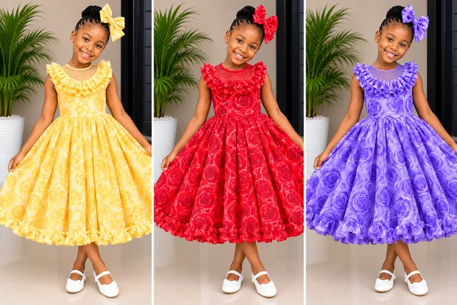 Girls’ Floral Princess Dress with Ruffle Sleeves and Hem