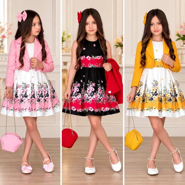 Girls’ Floral Party Dress Set with Matching Jacket, Handbag & Hair Bow.
